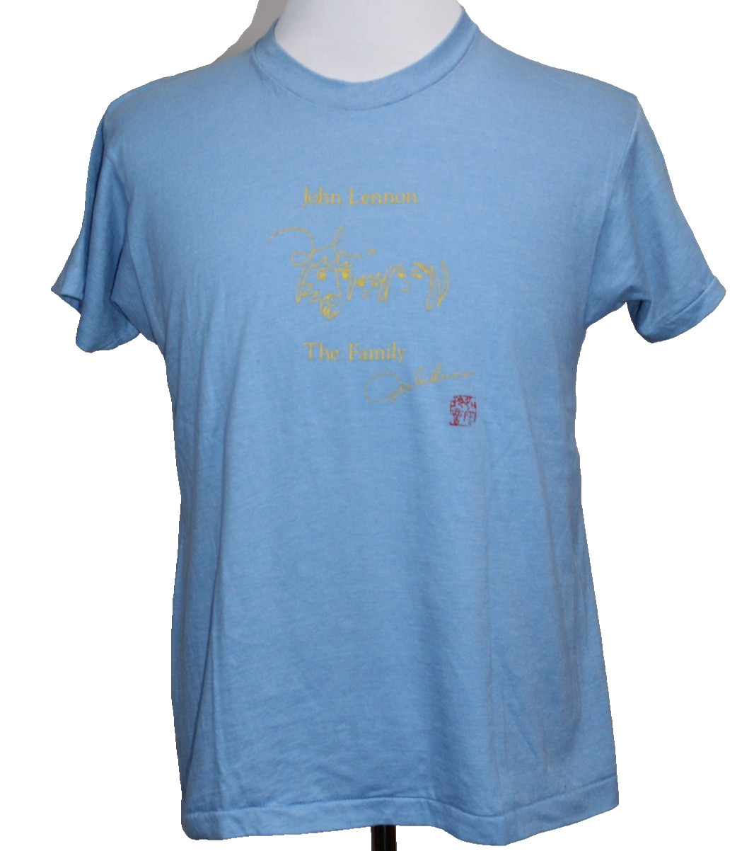 Vintage John Lennon “Bag One” Art Tee Sketch T-Shirt Blue Small USA 70s Beatles gallery