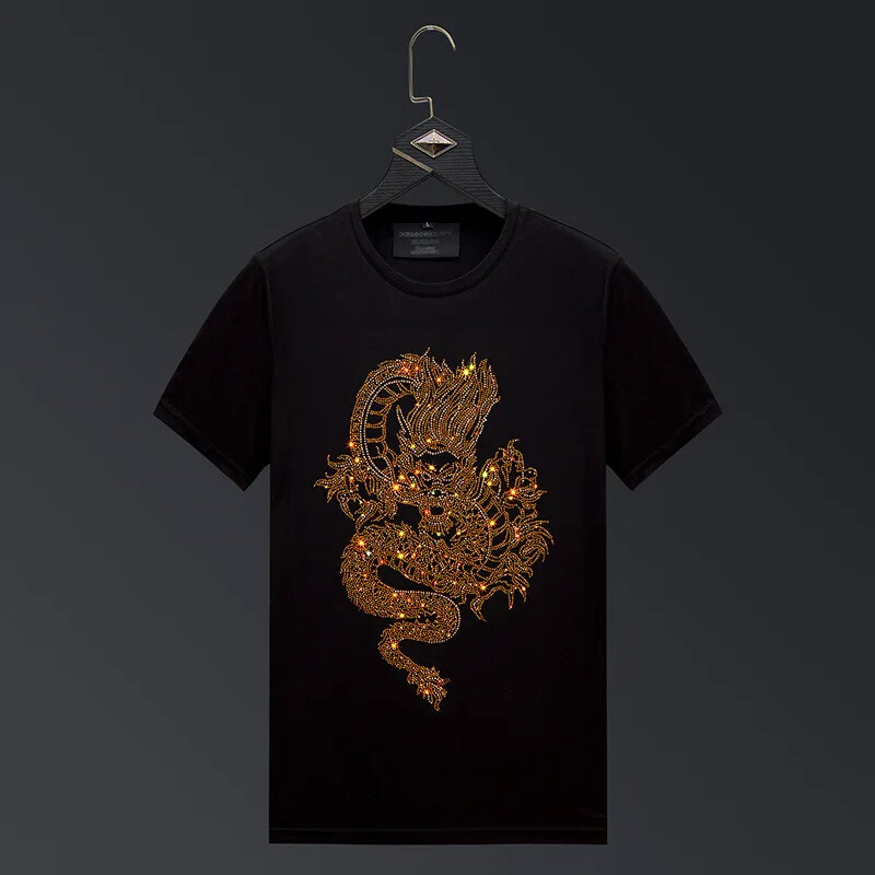 New Fashion Dragon Rhinestone Summer Short Sleeve Luxury Men Streetwear T-Shirt