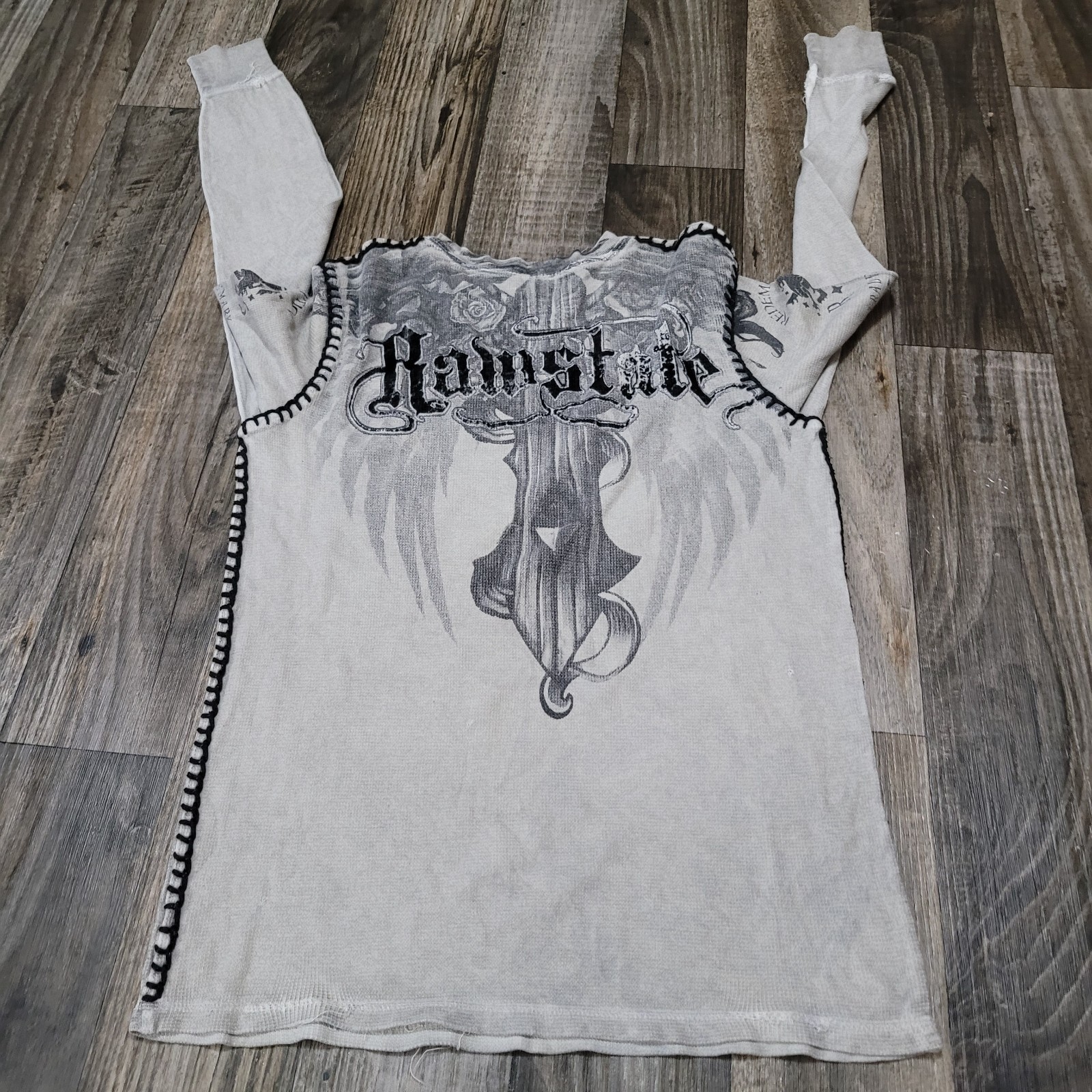Raw State Redemption Thermal T Shirt Mens Small Wings Cross Rose Grunge gallery
