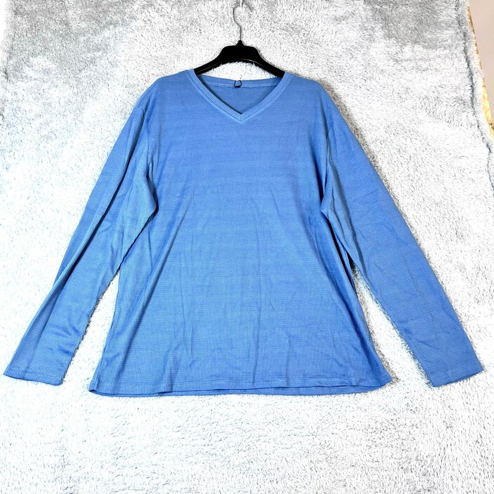 Ficerd Men’s Solid Blue V-neck Long Sleeve Thermal Pullover T-Shirt Size XL