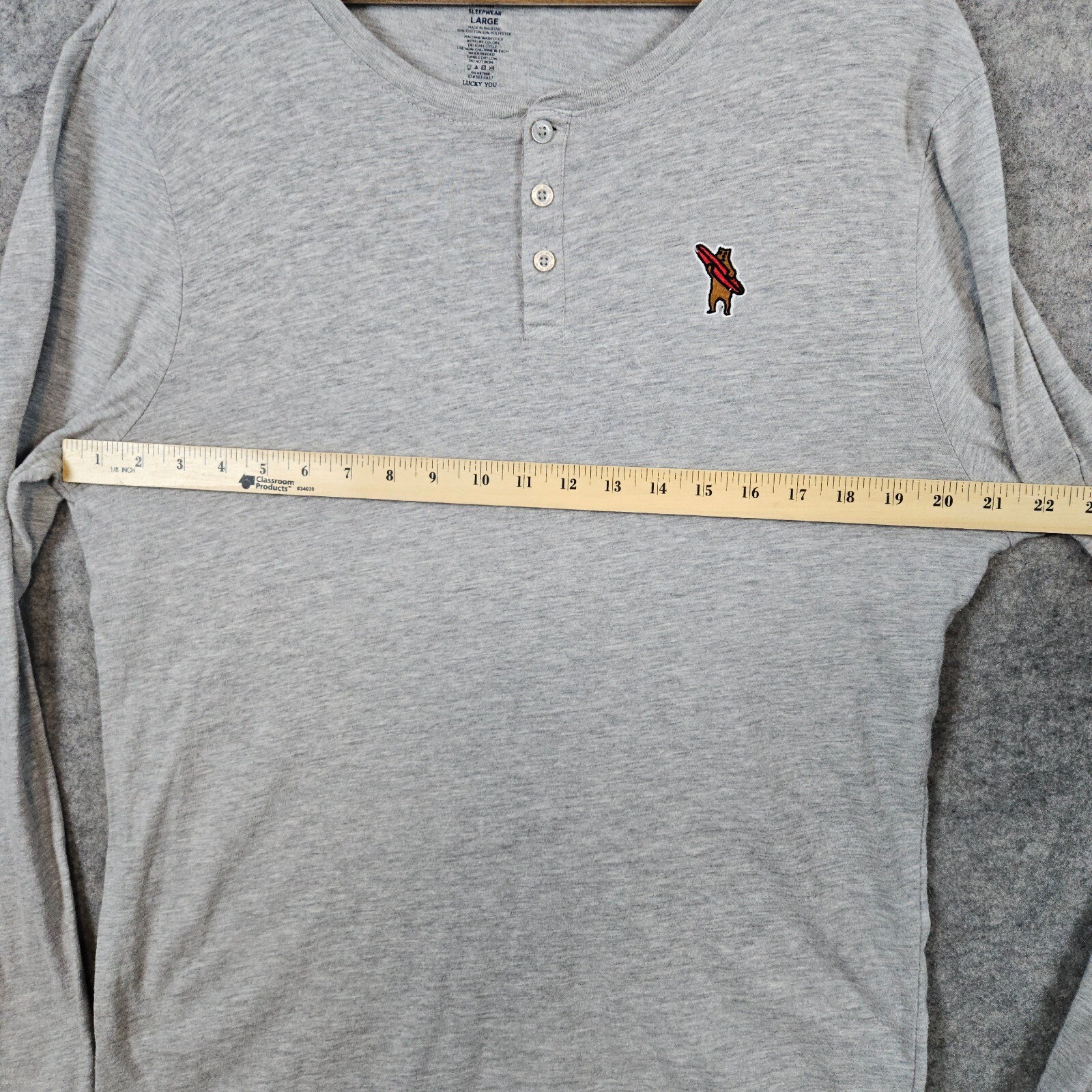 Lucky Brand Sleepwear Heathered Gray Henley Top Size L Surfboard Bear Embroidery gallery