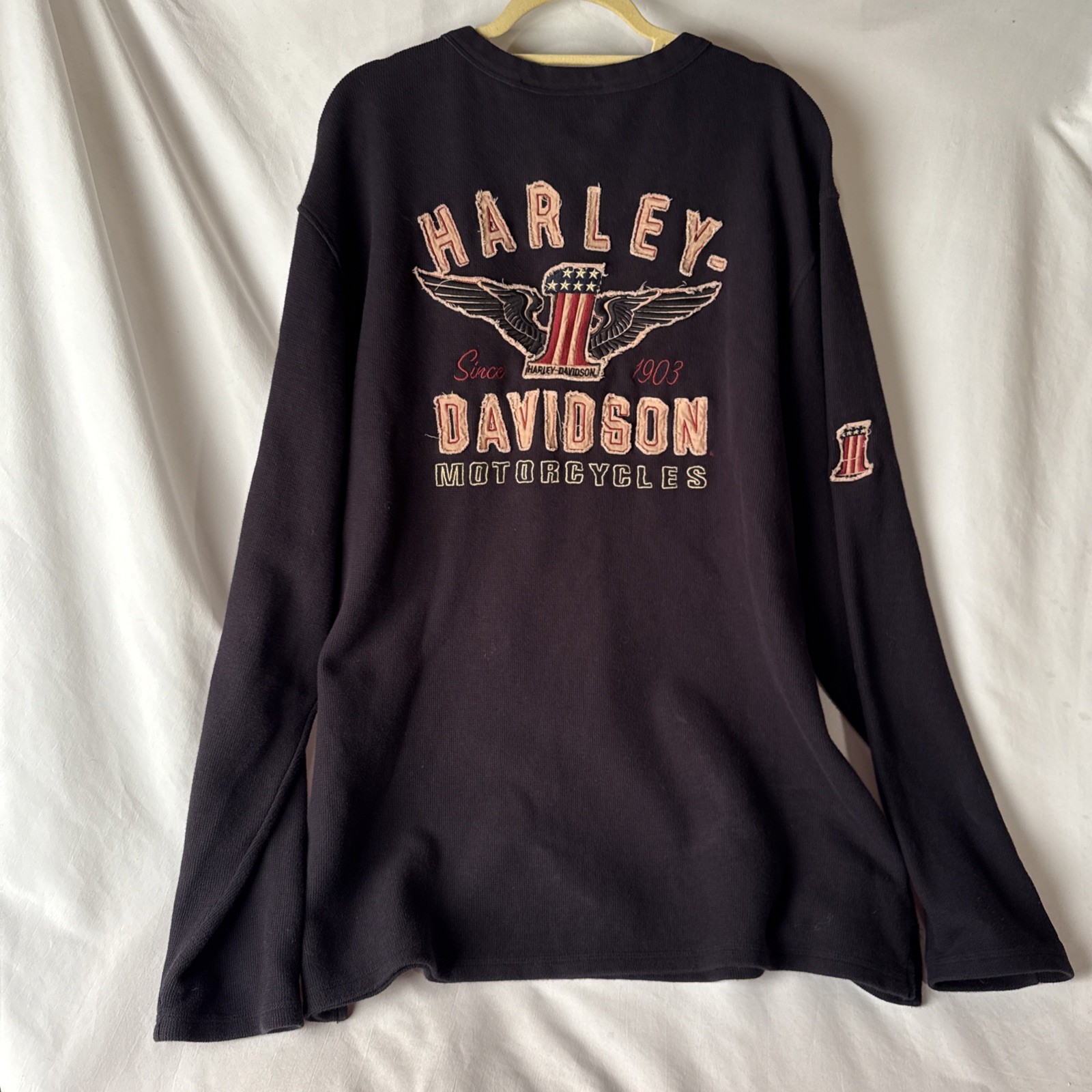Harley Davidson Henley Shirt Men 2XL Black Long Sleeve Thermal Embroidered Biker