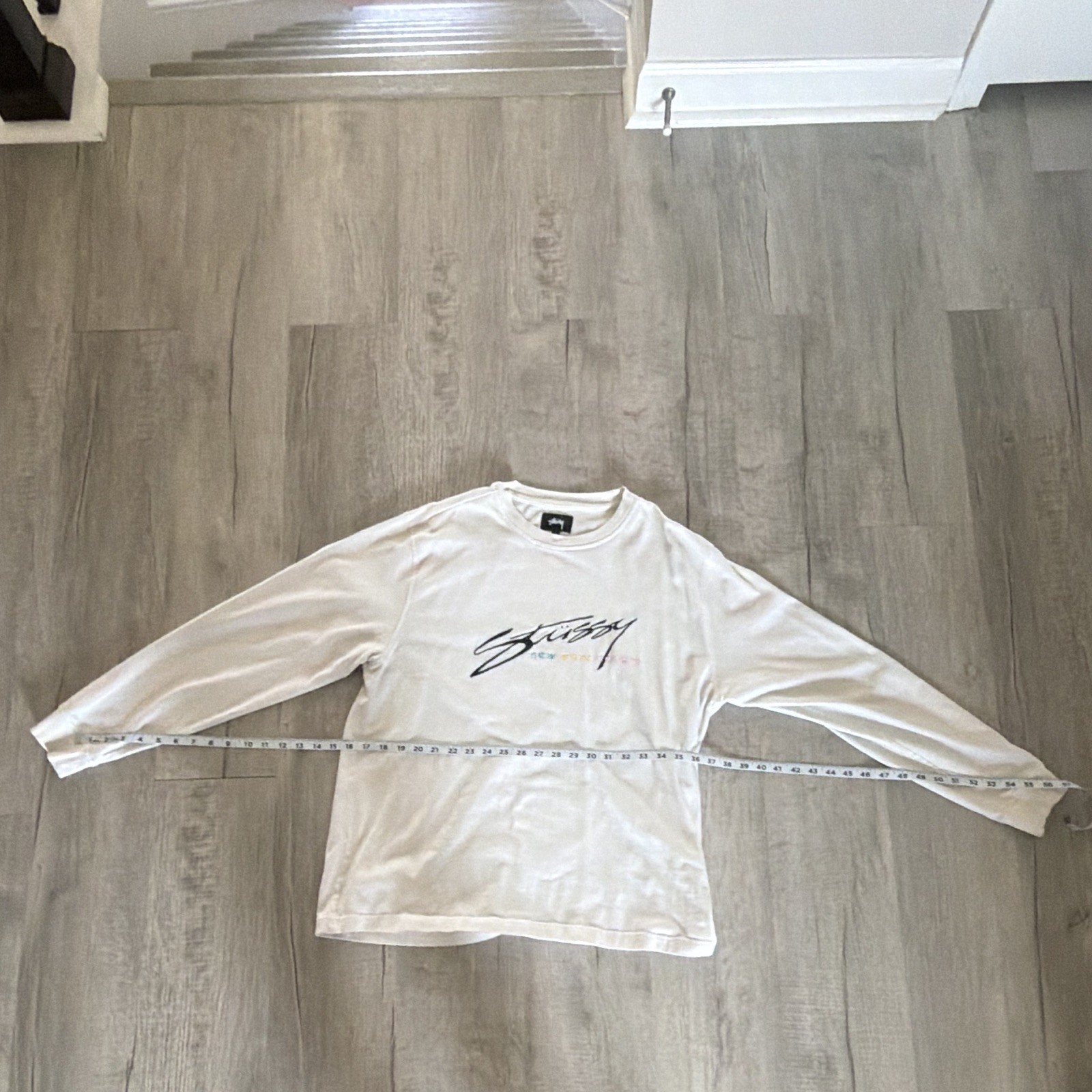 Stussy Men's Beige Graphic Logo Crew Neck Long Sleeve Cotton Knit Tee L gallery