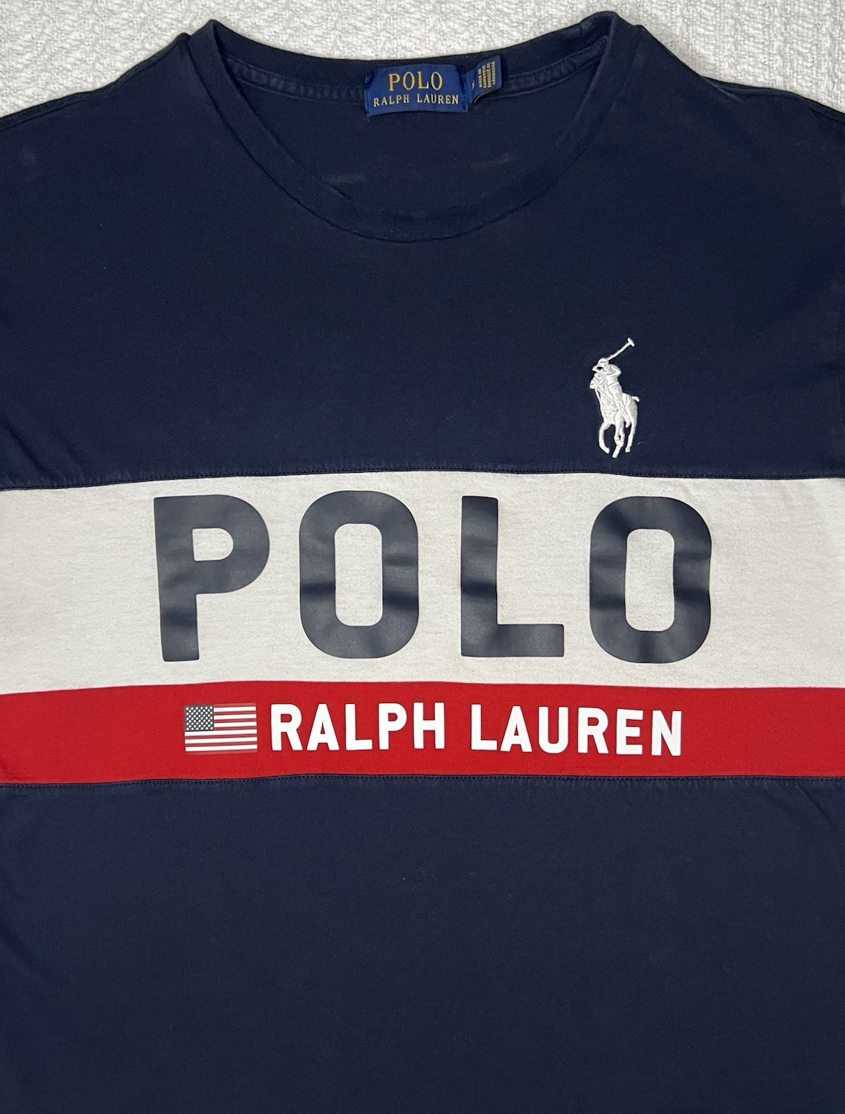 Polo Ralph Lauren Flag Logo Colorblock T-Shirt – Men’s Size M 20” X 24”– Navy gallery