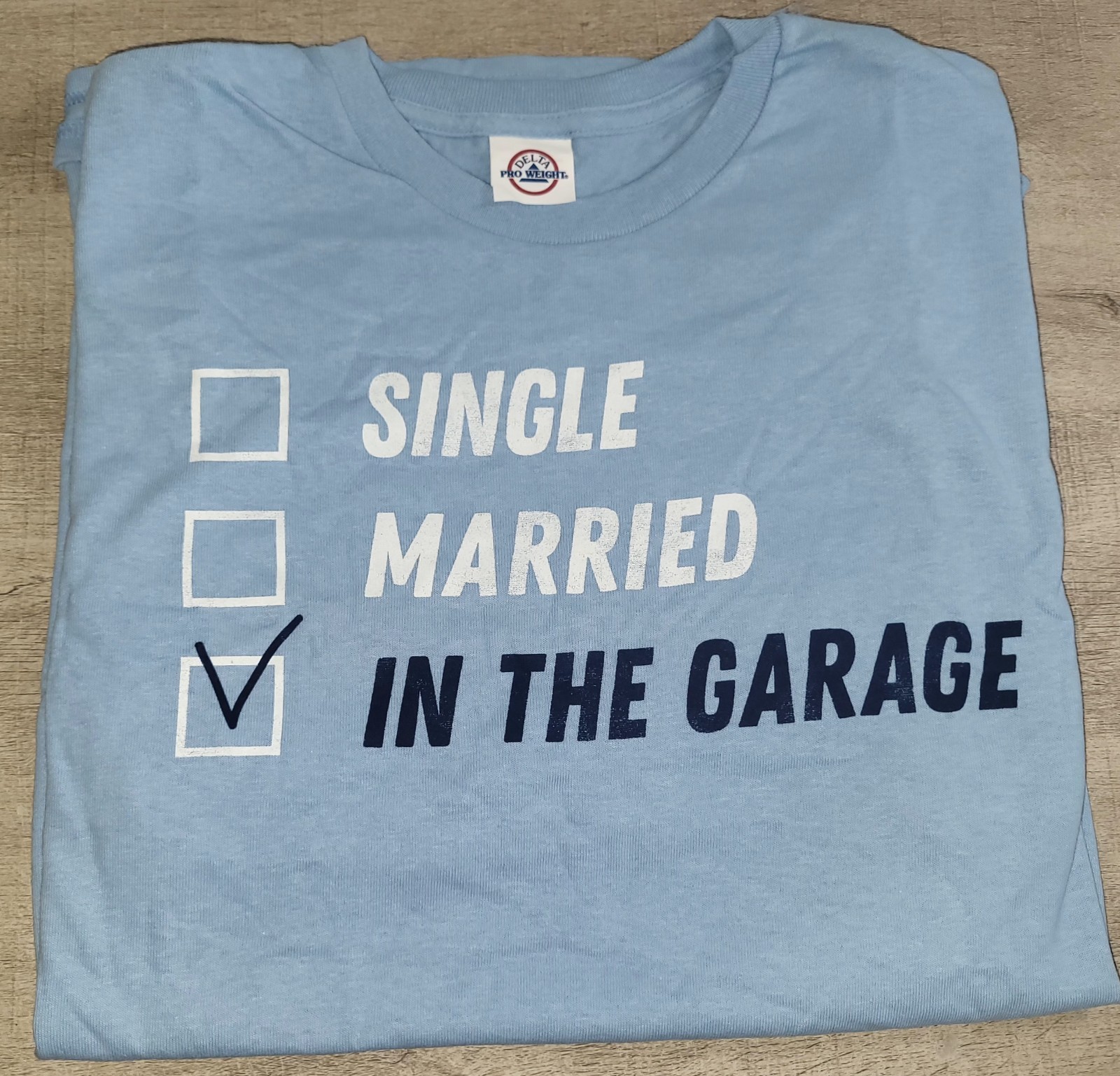 Delta Men's Light Blue T Shirt In The Garage Size L Large NEW gallery