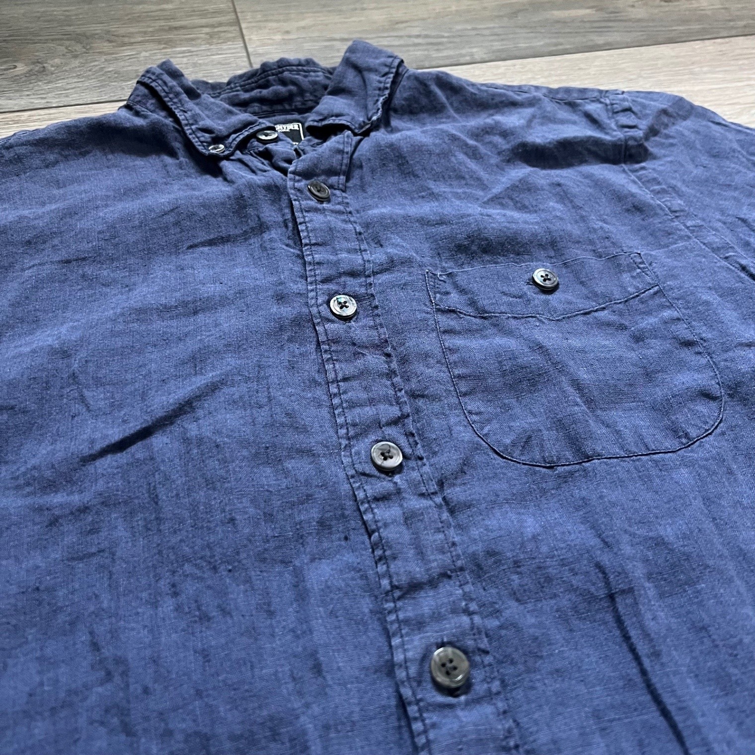 Todd Snyder Men's M Navy Blue Linen Short Sleeve Button Shirt Camp gallery