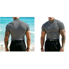 Men Stripe Turtleneck Short Sleeve Slim Pullover Tee 95% Polyester 5% Spandex