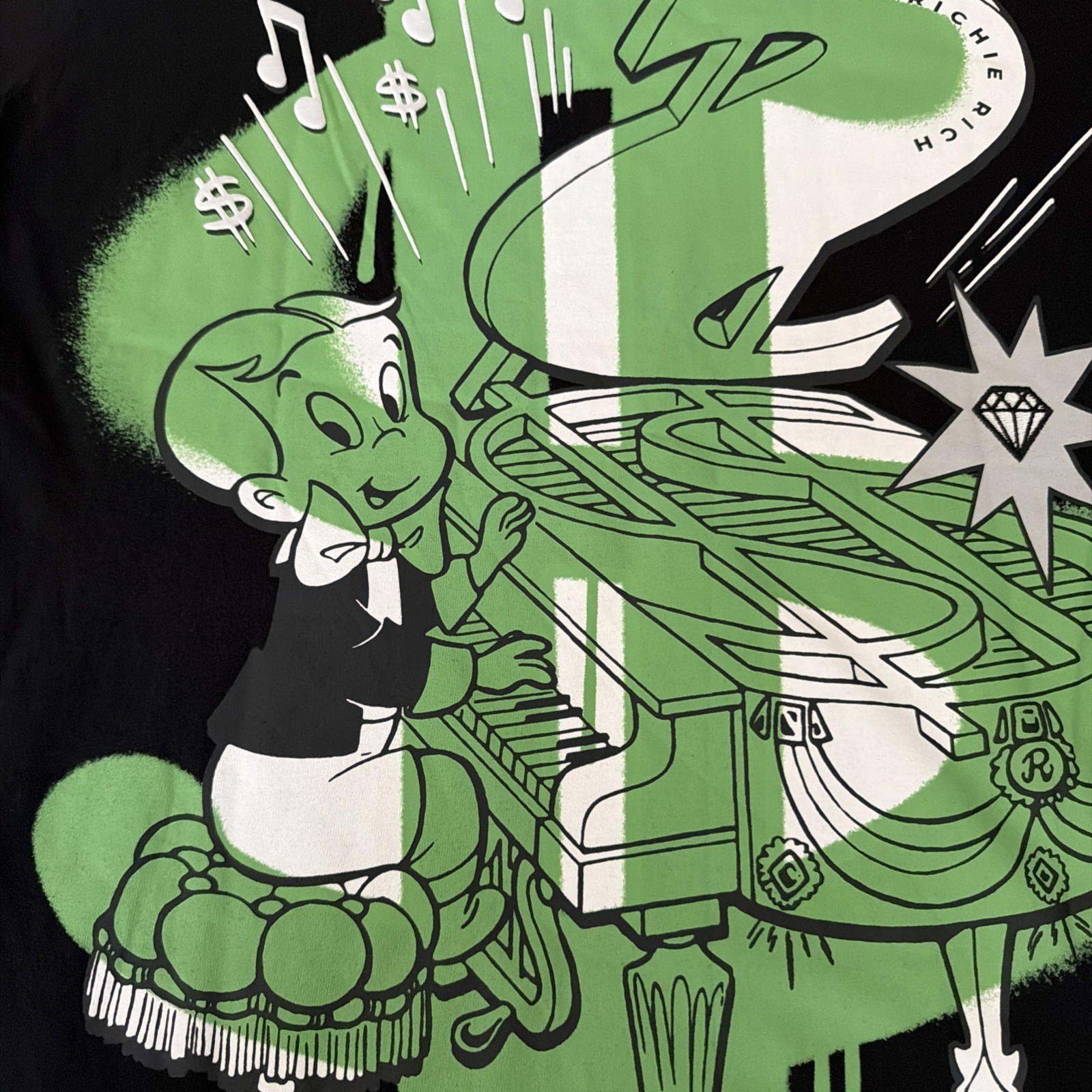 Richie Rich Graphic T Shirt Black Neon Green Piano Print Size L Tee NWT gallery