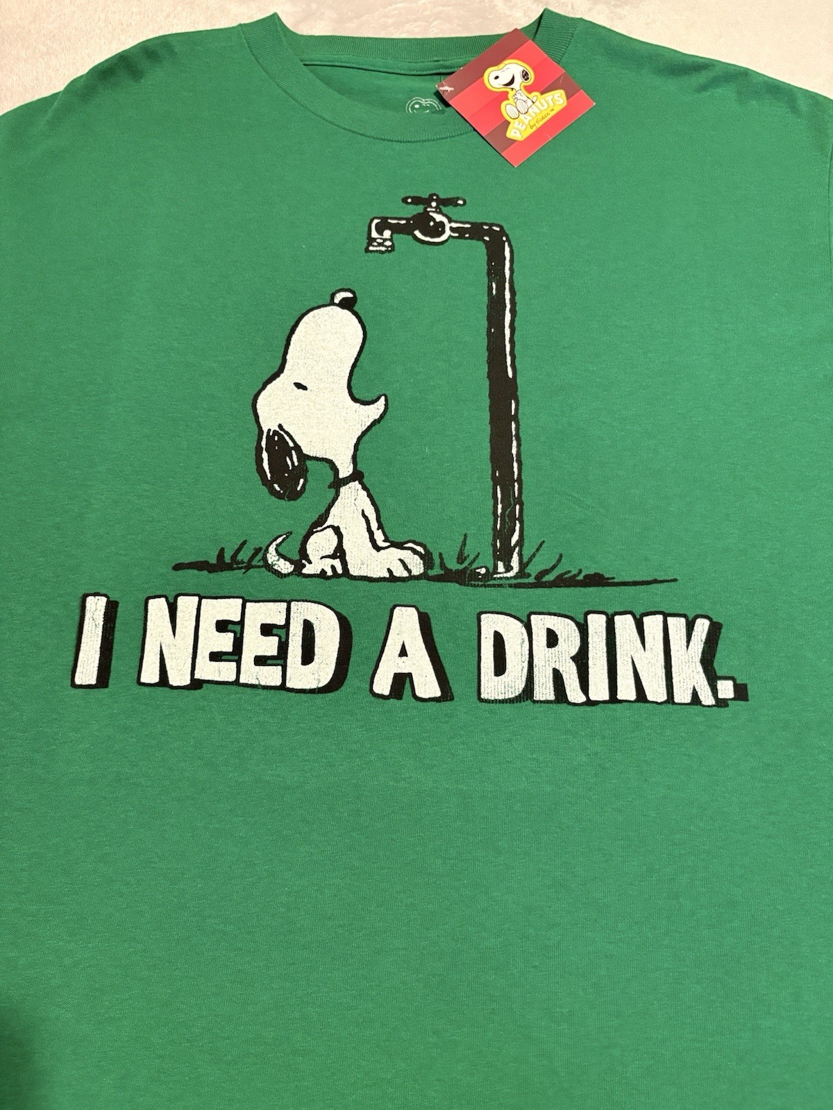 NWT Peanuts Snoopy T-shirt XL Green “I Need A Drink” Graphic Short Sleeve gallery