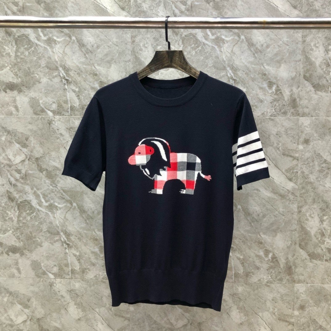 Thom Browne Navy Knit Shirt Plaid Lion Motif 4 Striped Cuffs Men Size 2XL