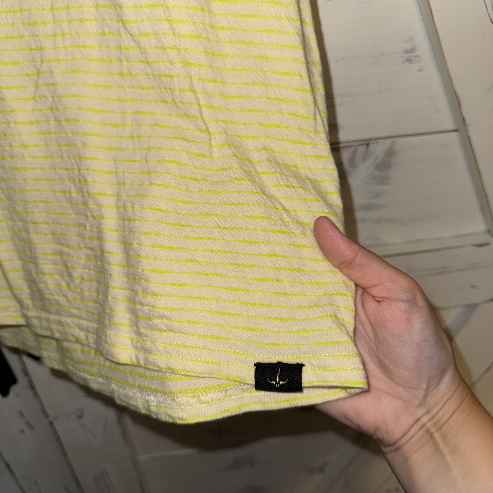 Prana (prAna) Yellow Neon Crew Tee Men's S Oversized Striped Logo Embroidered gallery