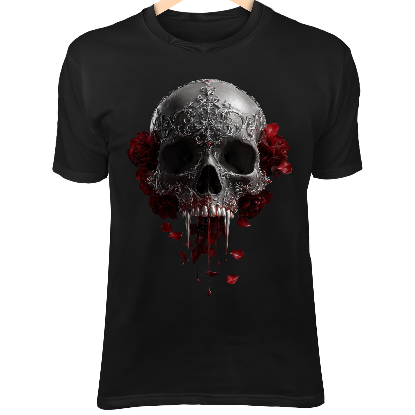 Vampire Skull T-Shirt – Blood Dripping Fangs, Gothic Filigree, Dark Rose Art gallery
