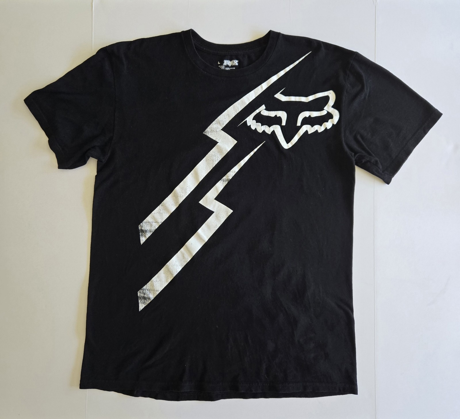 Fox Logo T-shirt Lightening 100% Cotton Size Large Long Length Black and White gallery