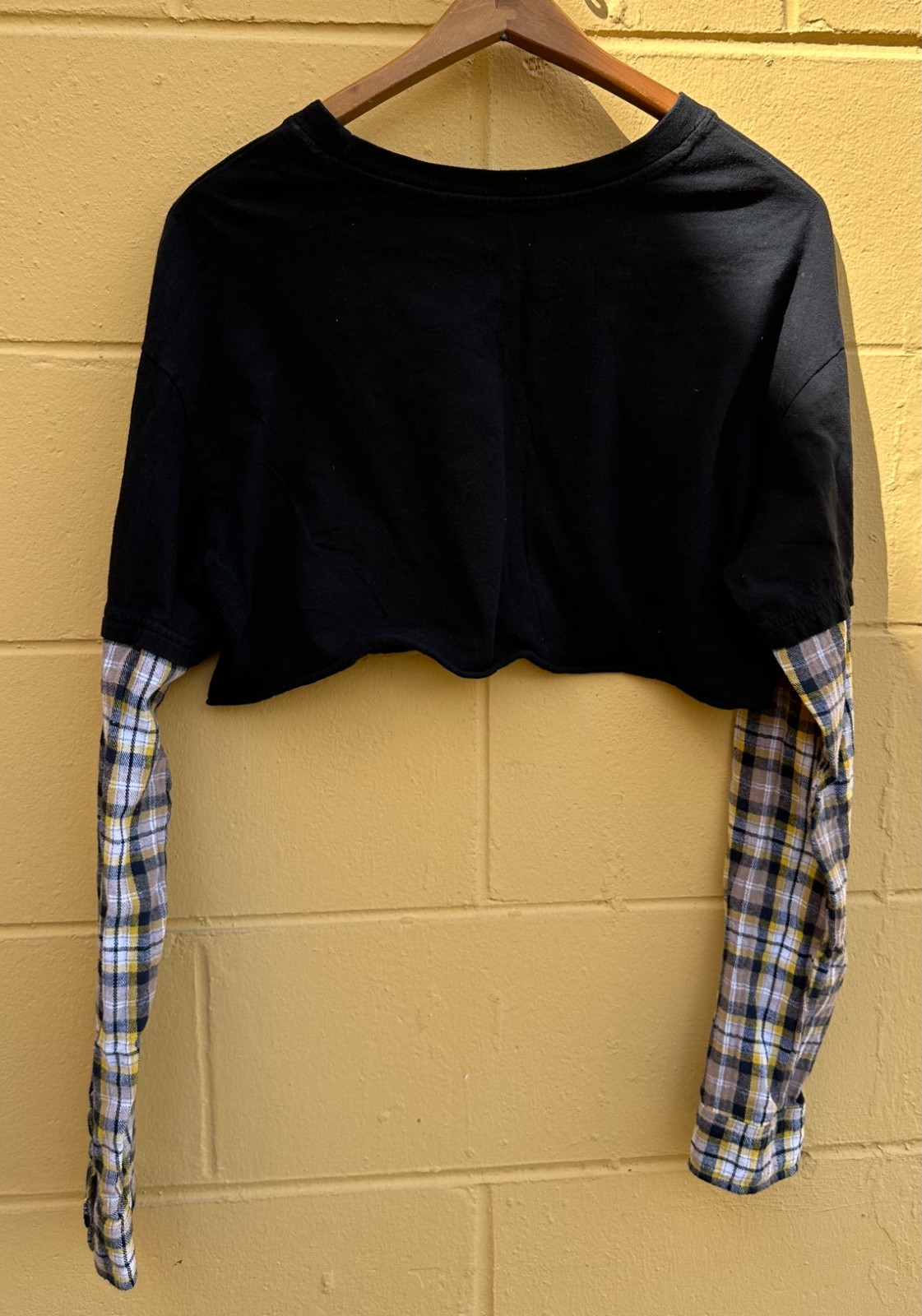 CBGB & OMFUG Cropped T-Shirt Flannel Long Sleeve by Goodie Two Sleeves Size L gallery