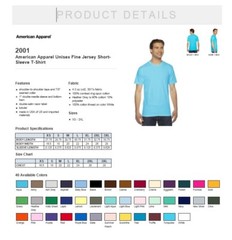 2001W American Apparel Fine Jersey 100% cotton Tee Short Sleeve Unisex T-Shirt
