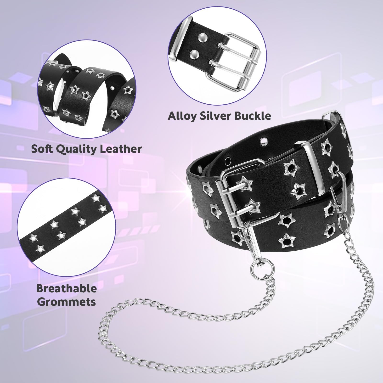 Black Studded Belt, Star Punk Rock Star Studded Leather Belt with Grommet Thr... gallery
