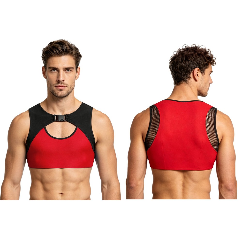 Men Shirt Mesh Panel Crop Top Cutout Detail Vest Elastic Shapewear Breathable