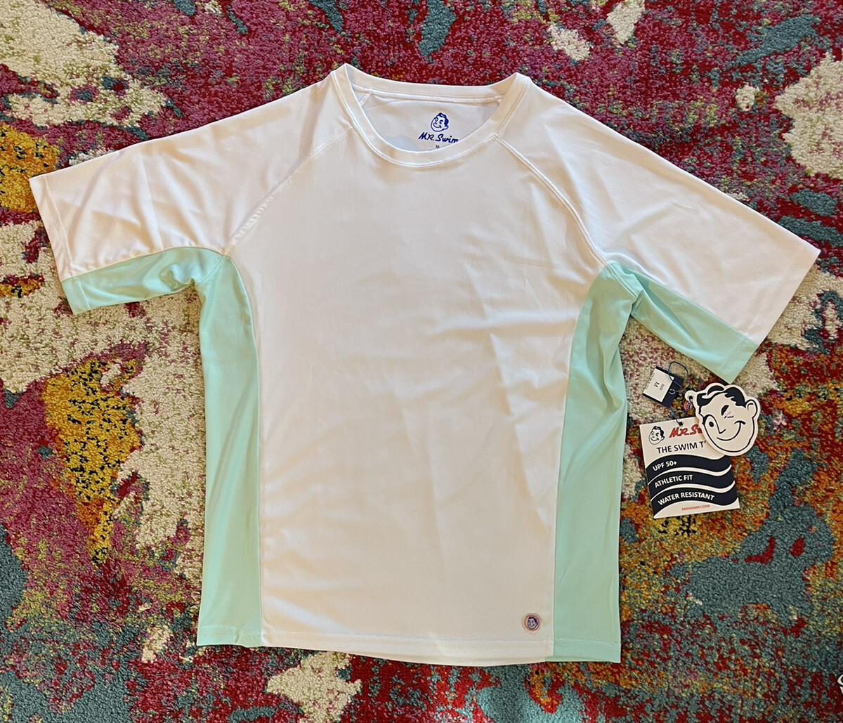 Mr. Swim The Swim T’ Beach T-Shirt Tee Upf 50+ Men's Medium White Mint 42x27 gallery