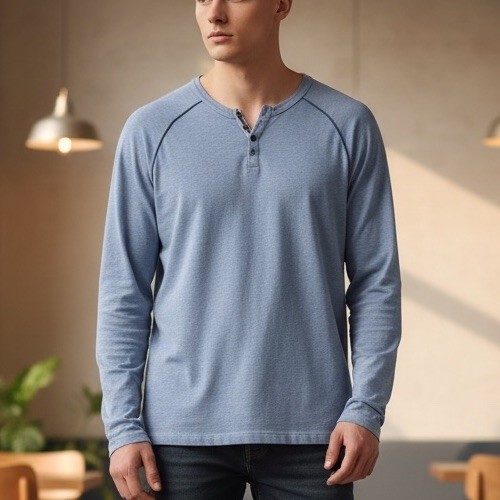 Borgo28 Mens Size Large Blue Long Sleeve Classic Modern Henley Shirt gallery