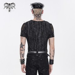 Devil Fashion Men Black Gothic Punk Spiked Mesh Splice T-Shirt Short Sleeve Tee