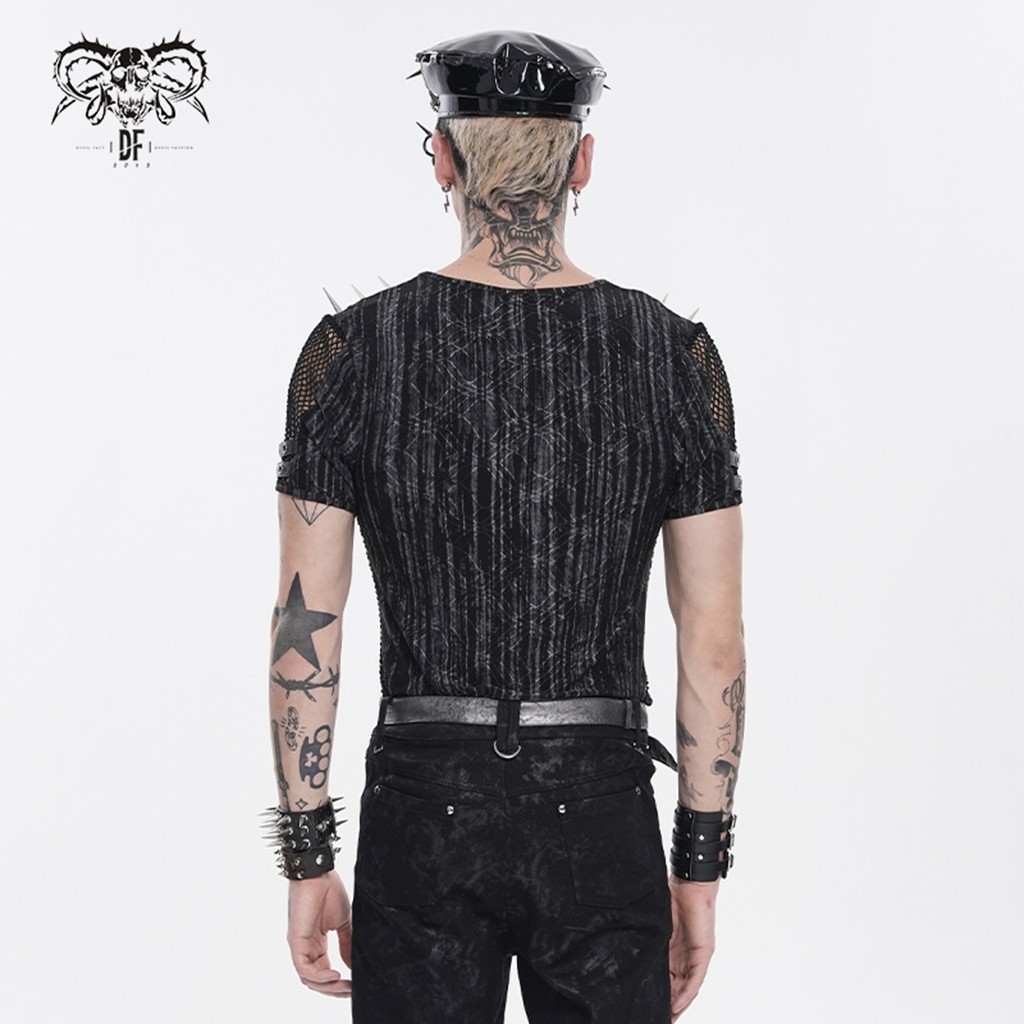 Devil Fashion Men Black Gothic Punk Spiked Mesh Splice T-Shirt Short Sleeve Tee gallery