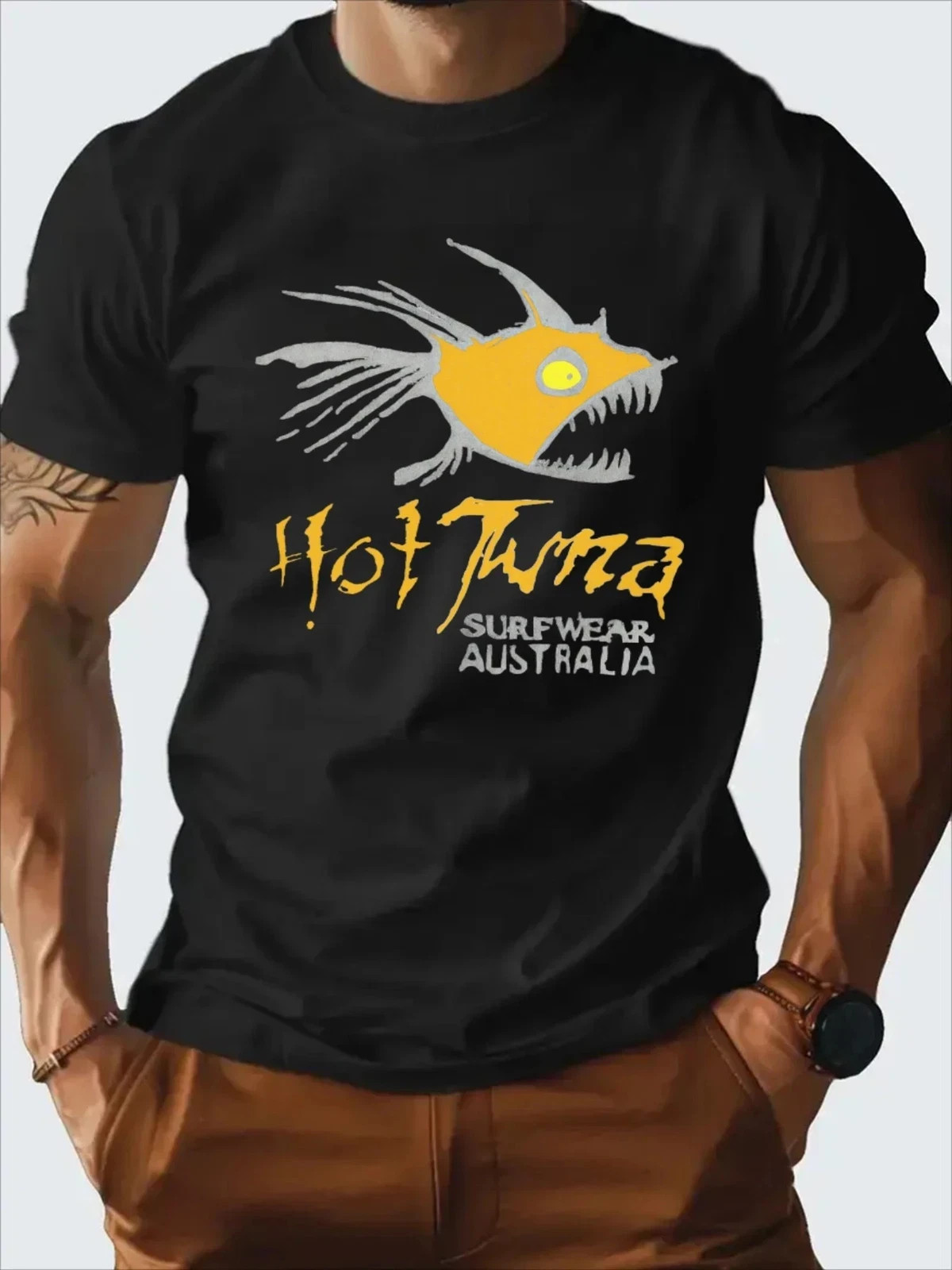 Men’s Hot Tuna Surf Graphic T-Shirt – 100% Cotton, Black Casual Summer Tee with@