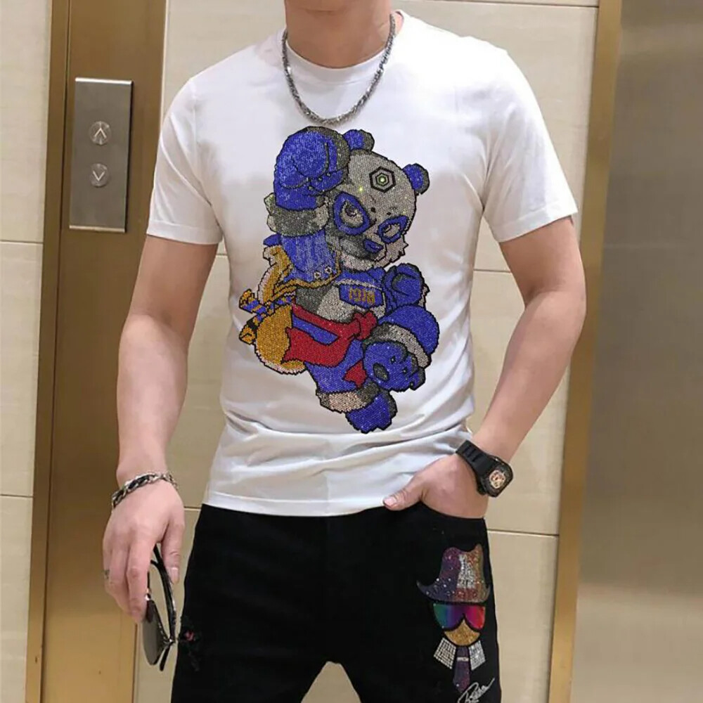 New Fashion Rhinestones Bear Short Sleeve Luxury Men Black White T-Shirt gallery
