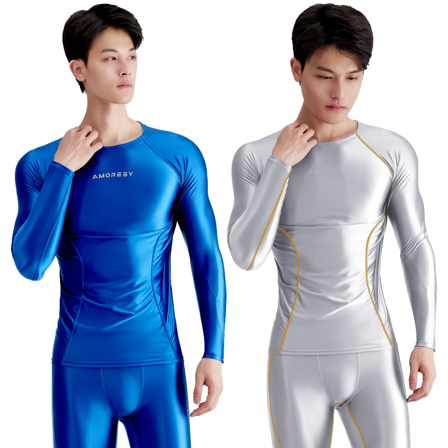 AMORESY Men Glossy Satin Oil Long-Sleeve Fitness T-Shirt Round Neck Running Tops gallery