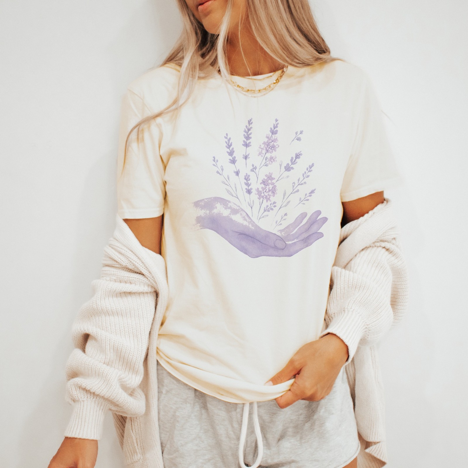Botanical Hands Watercolor Graphic Tee Lavender Floral Nature Art gallery