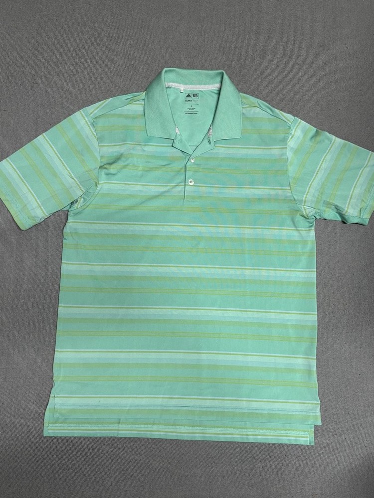 Adidas Men M Golf Polo Shirt Polyester Mint Green Striped ClimaCool