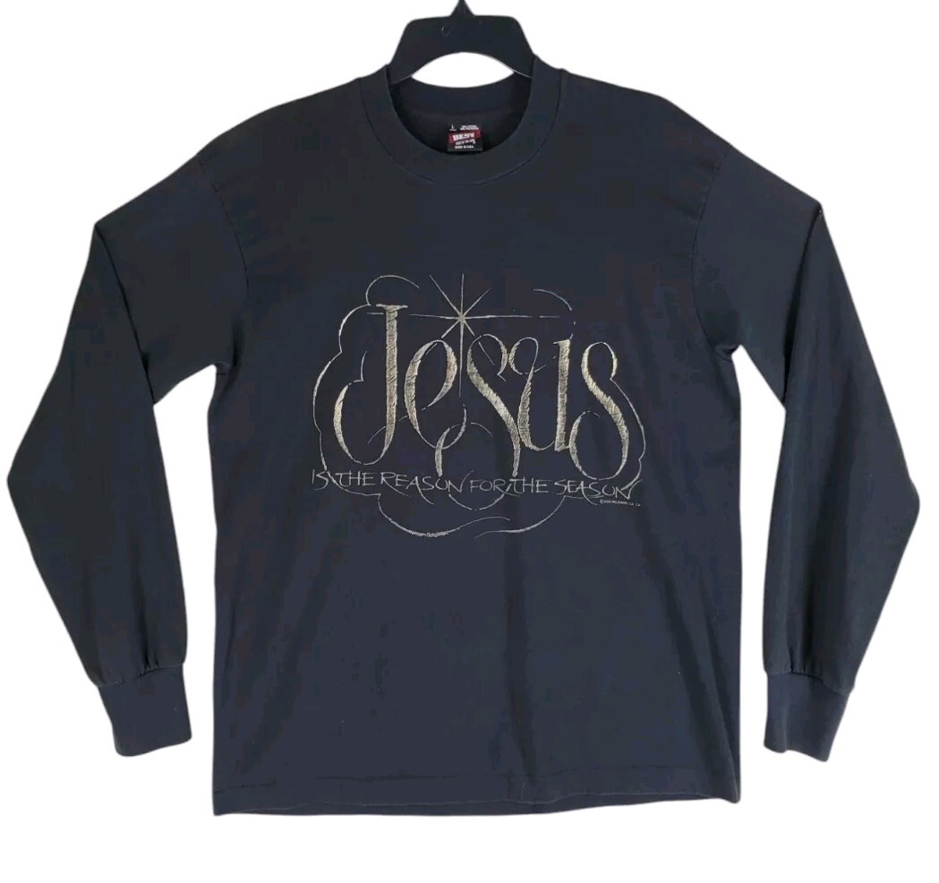 Vtg 90s Single Stitch Shirt Men L Black Gold "Jesus Reason For Season" Christmas gallery