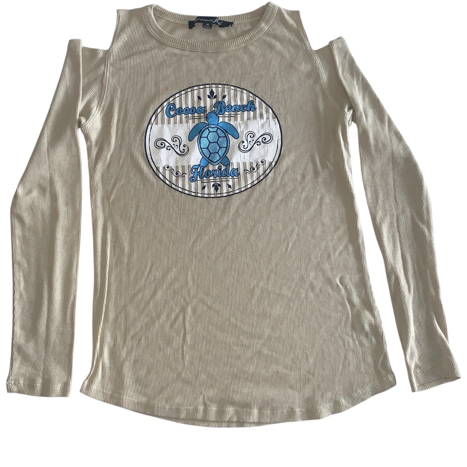 Miami Style M Long-Sleeve Cold-Shoulder Beige Cocoa Beach Florida Turtle Top gallery