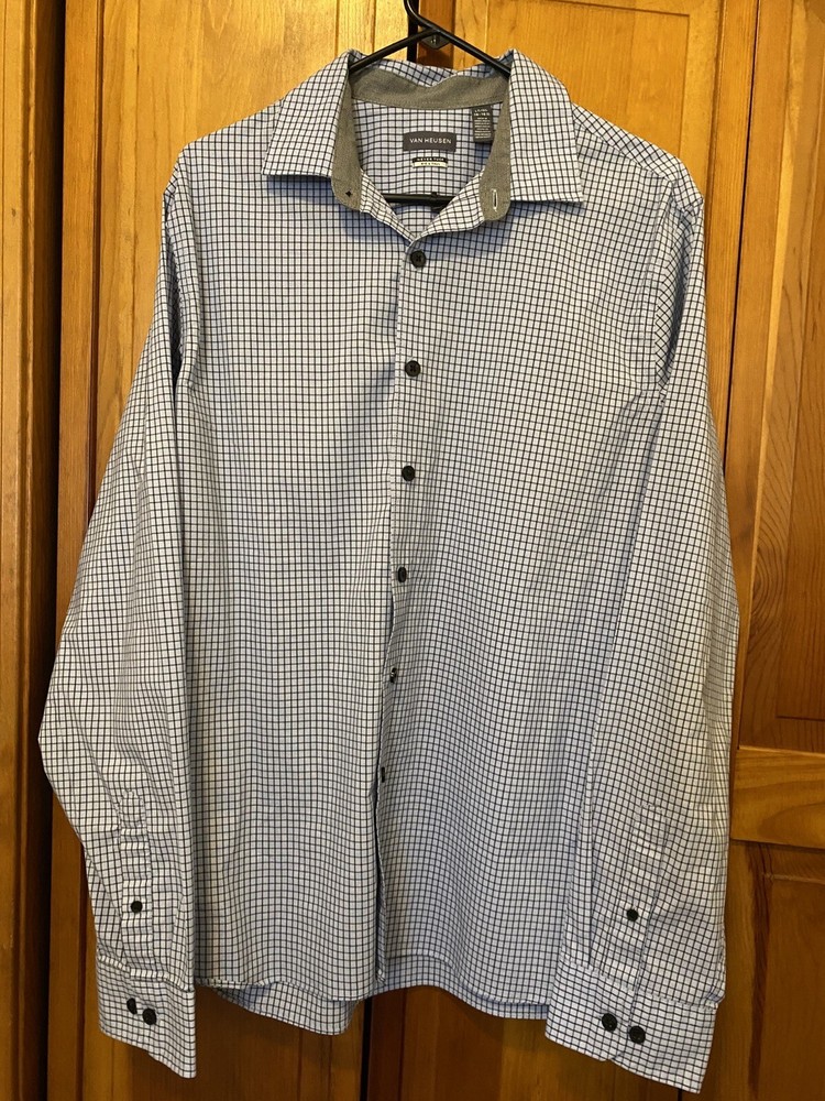 VAN HEUSEN NEVER TUCK SIZE 16-16.5 LT/GL BIG & TALL BLUE CHECK VGUC