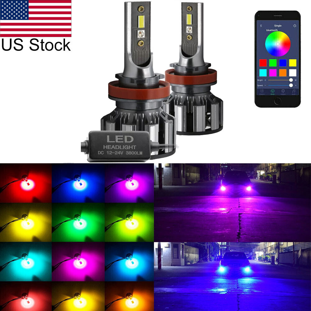 2pcs H8 H11 RGB LED APP Control Headlight Fog Light Bulbs For Honda BMW Audi Etc