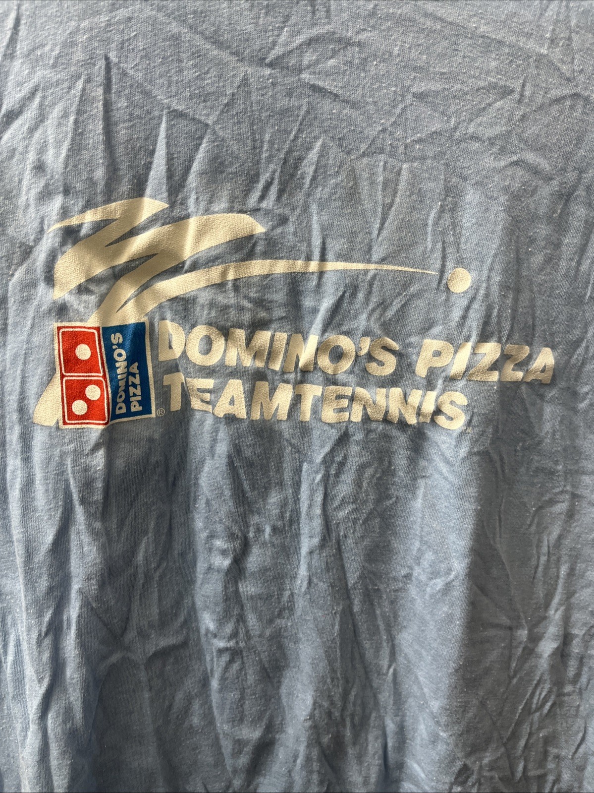 Vintage 1980s Dominos Pizza Team Tennis Promo T-Shirt L Blue Single Stitch USA gallery