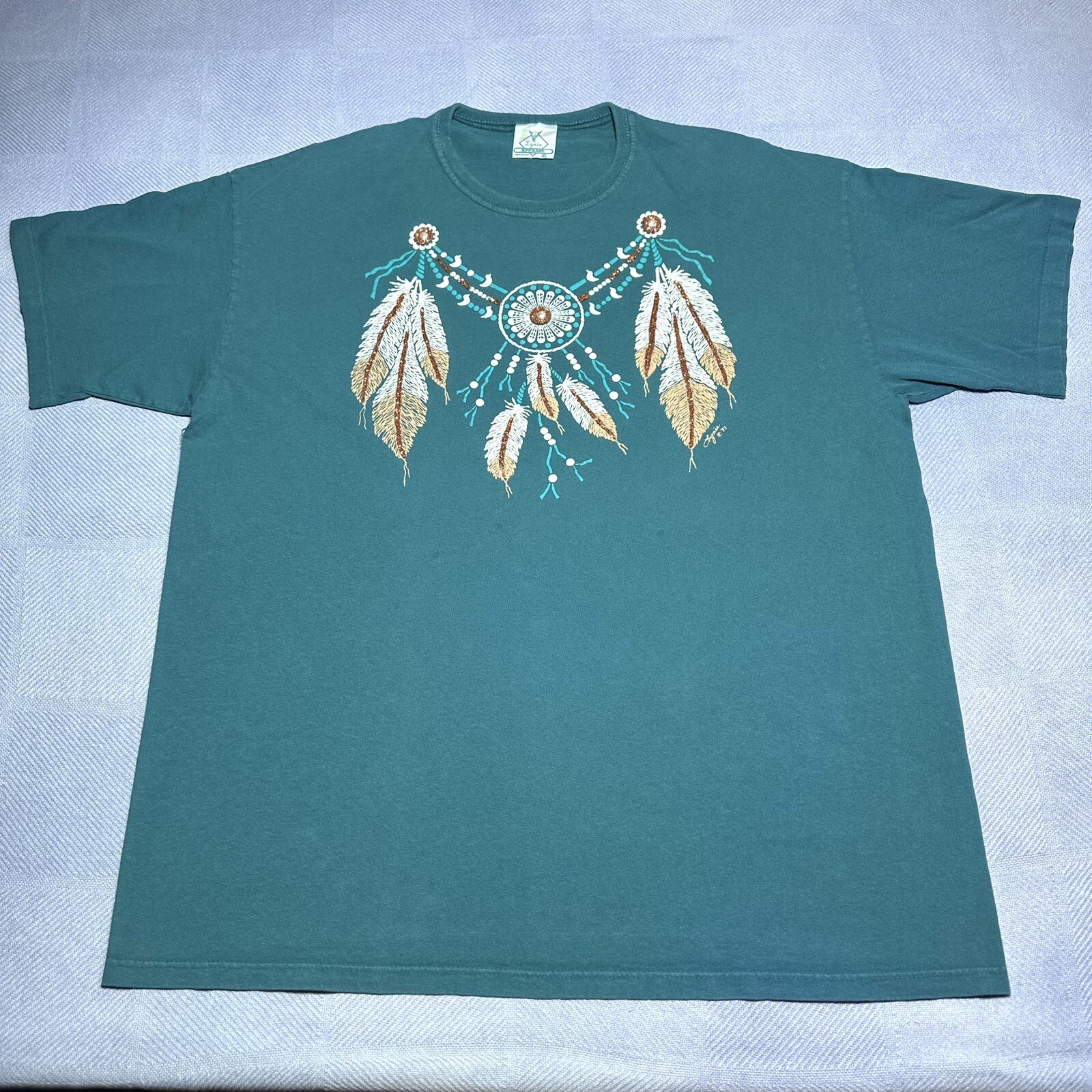 Vintage 1990s Native American Dream Catcher Teal Green T-Shirt Size XL