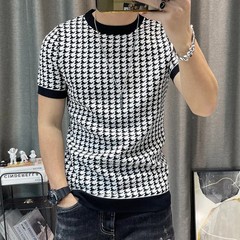 New Houndstooth Men Short Sleeve Sweater T-shirt O-neck Knitted Top Tees