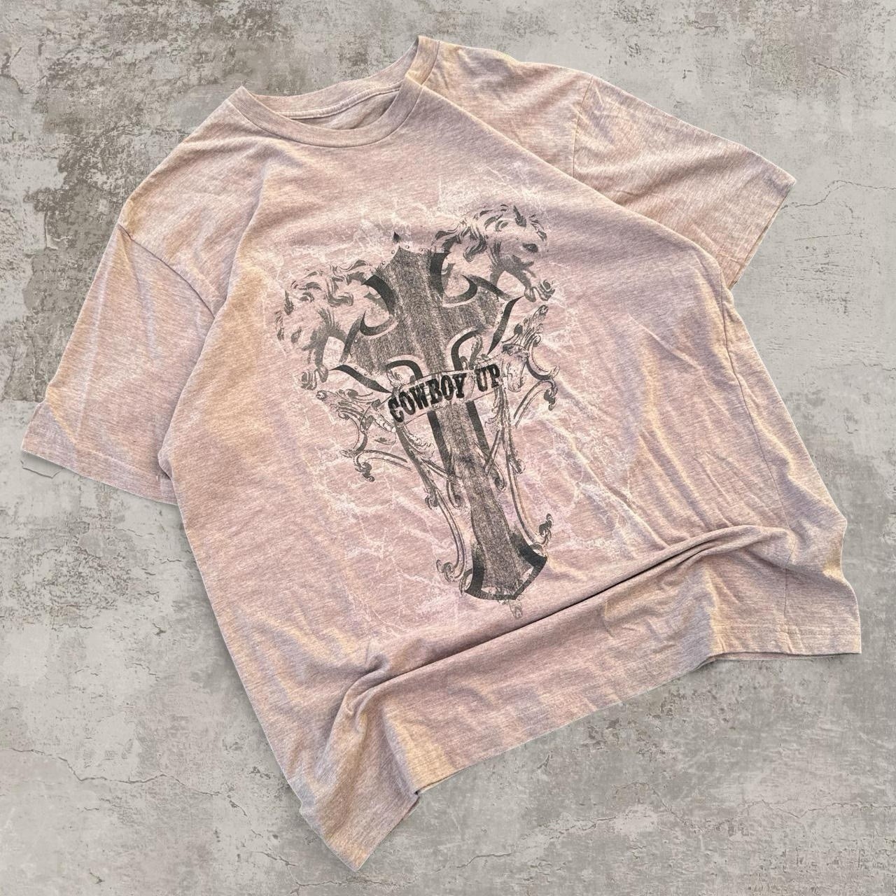 Y2K Cowboy Up Western Affliction Style cross graphic T shirt size Large Tan
