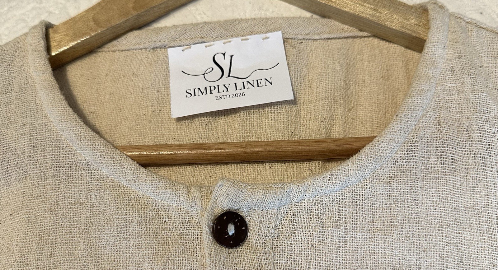 Men’s L Size Beige Color 100% Hemp Henley Short Sleeve Woven T-Shirt Pocket gallery