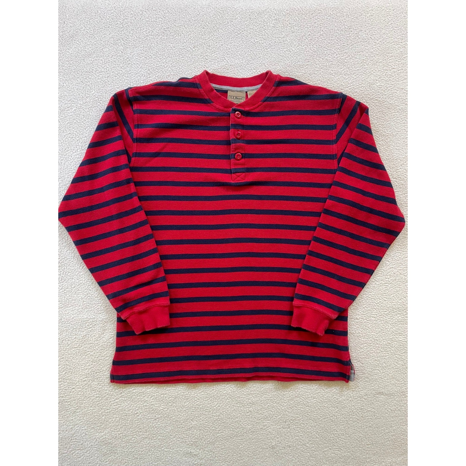90s Vintage L.L. Bean Mens Medium Henley Shirt Red Navy Blue Striped Waffle Knit gallery