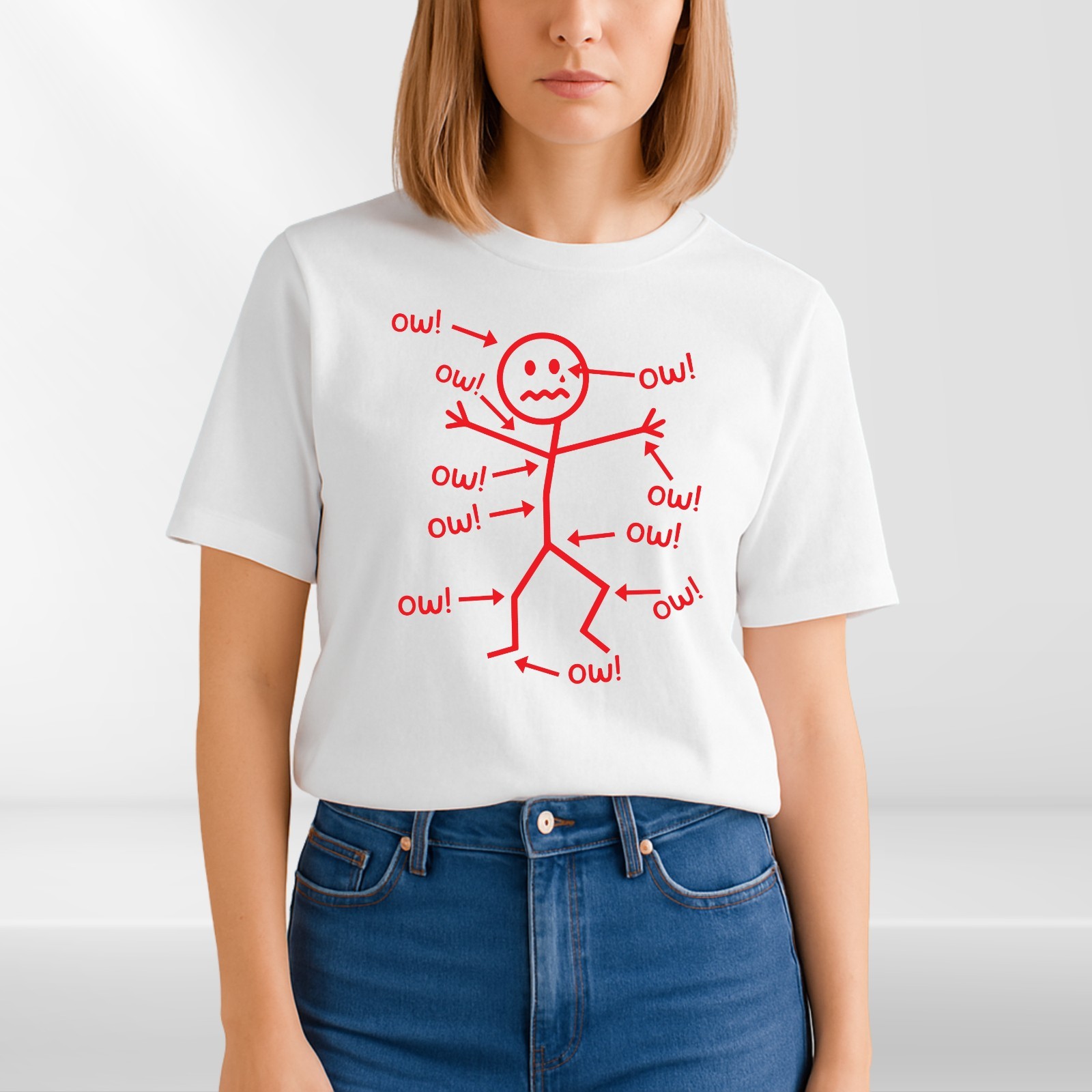 Funny Stick Figure 'Ow' T-Shirt Sarcastic Pain Humor Graphic T Shirt Unisex Tee gallery