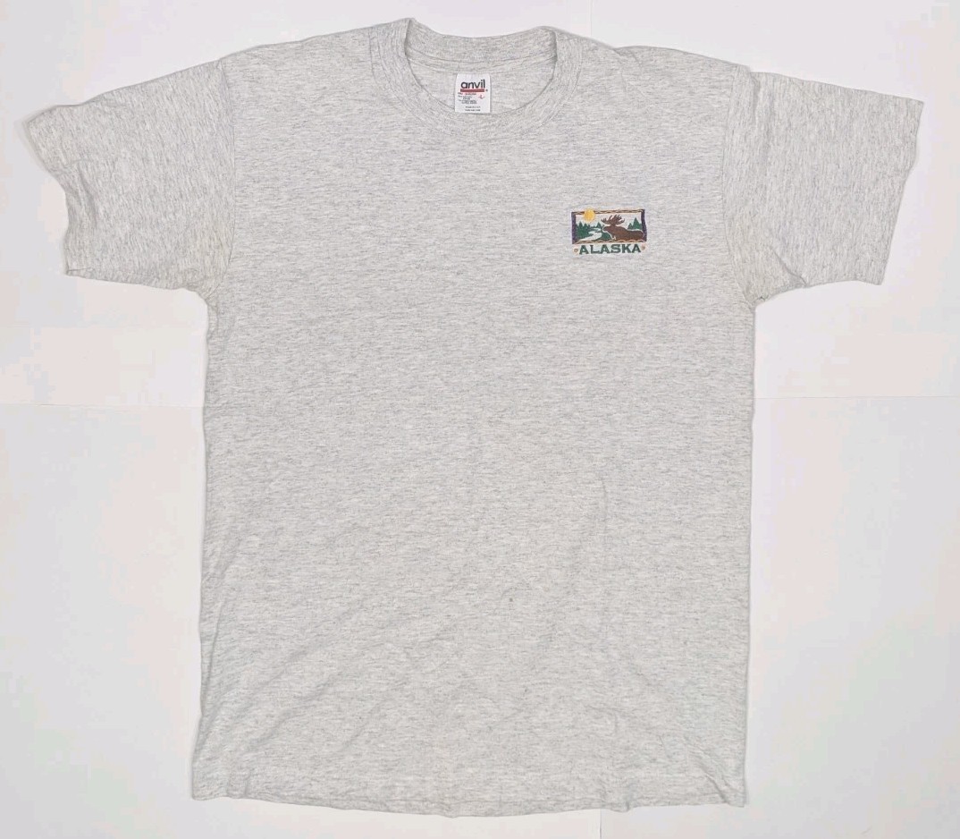Vintage Anvil Alaska Crest T-Shirt Mens Large Gray Single Stit Moose Embroidery