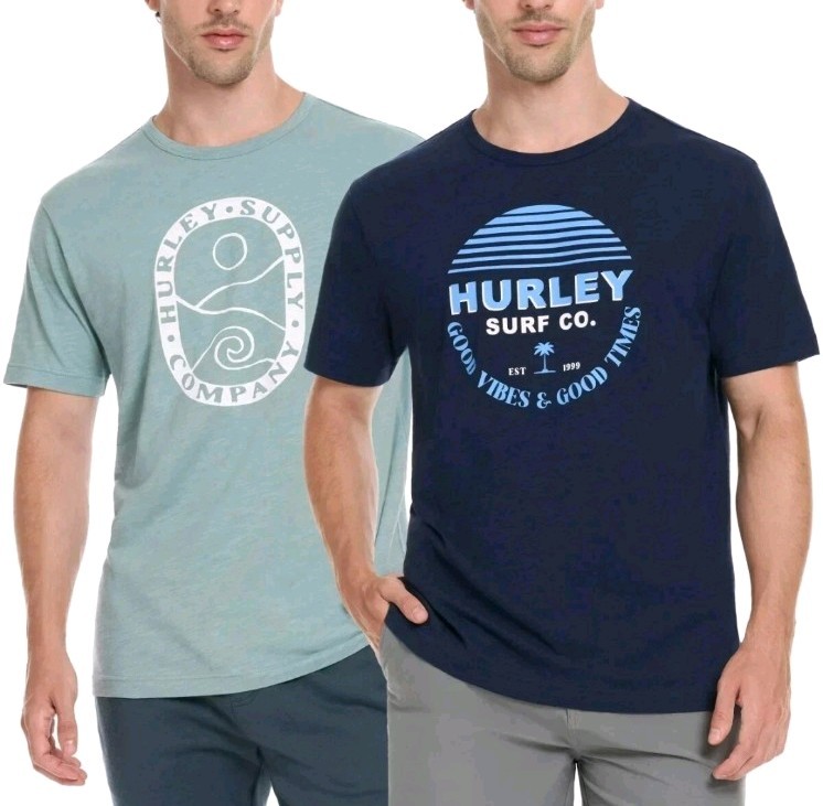 Hurley Men’s 2-Pack Graphic Logo 100% Cotton Knit Classic Fit Crew Tee XL Blue! gallery