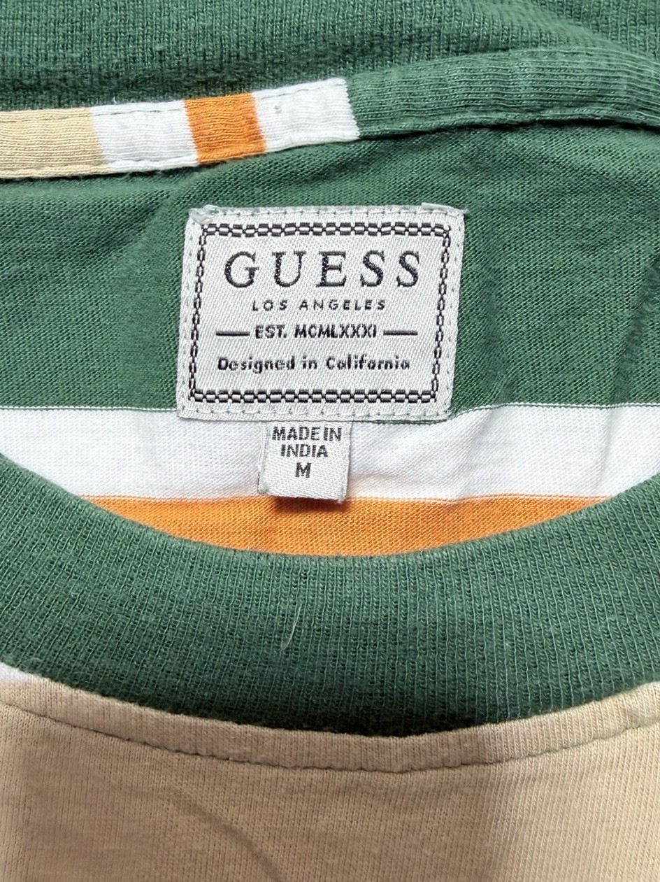 Guess Los Angeles Striped T Shirt Mens Size M Made in India VTG Green Orange Y2K gallery