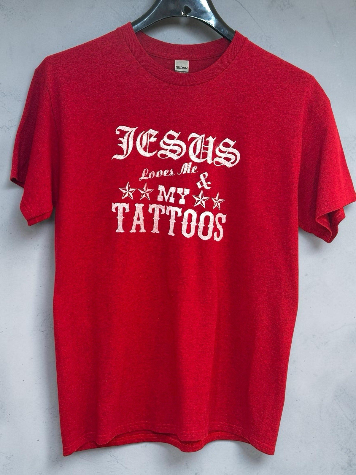 Jesus Loves Me & My Tattoos Mens L Red Graphic Tee Nautical Star Tattoo Gildan gallery