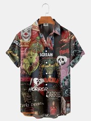 Mens Button Down Shirts Horror Pattern Printed Hawaiian Tops Novelty Ugly Gift