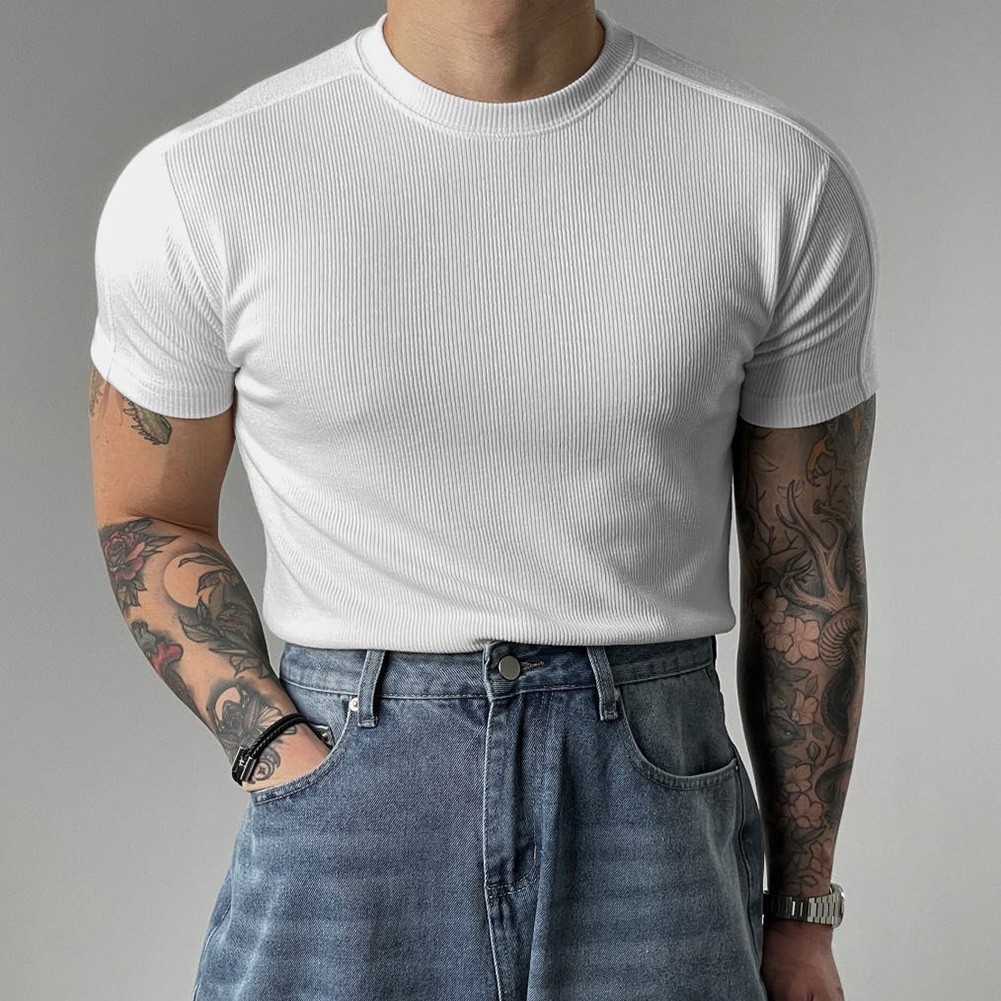 Men's Athletic Ribbed T-Shirt Short Sleeve Small High Collar Training Wear gallery