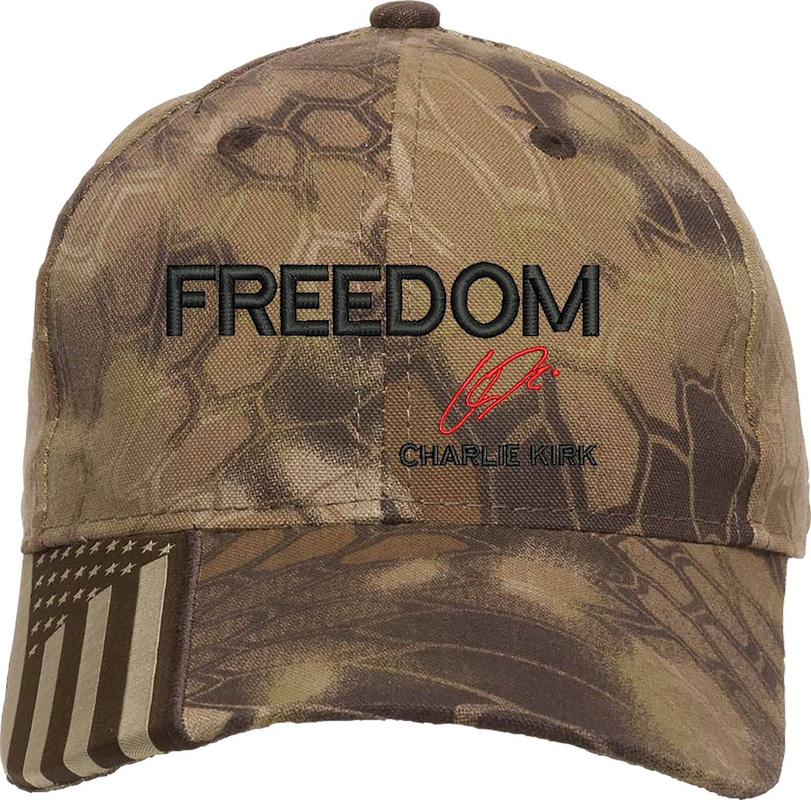 Freedom Charlie Kirk Signature Embroidered OFM Hat with US Flag on bill gallery