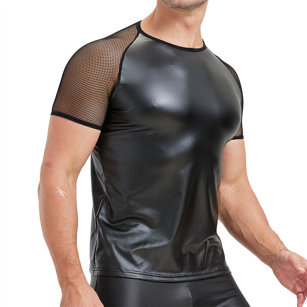 Men's Splicing Mesh Faux Leather Tops Slim Short Sleeve T-shirts Nightclub Tees gallery