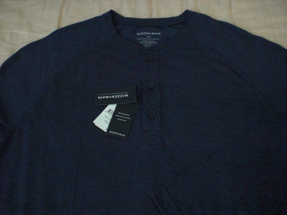 Mizzen + Main “EasyKnit” Henley Shirt, NWT – Men’s L + XL – Navy $78 Trim Fit